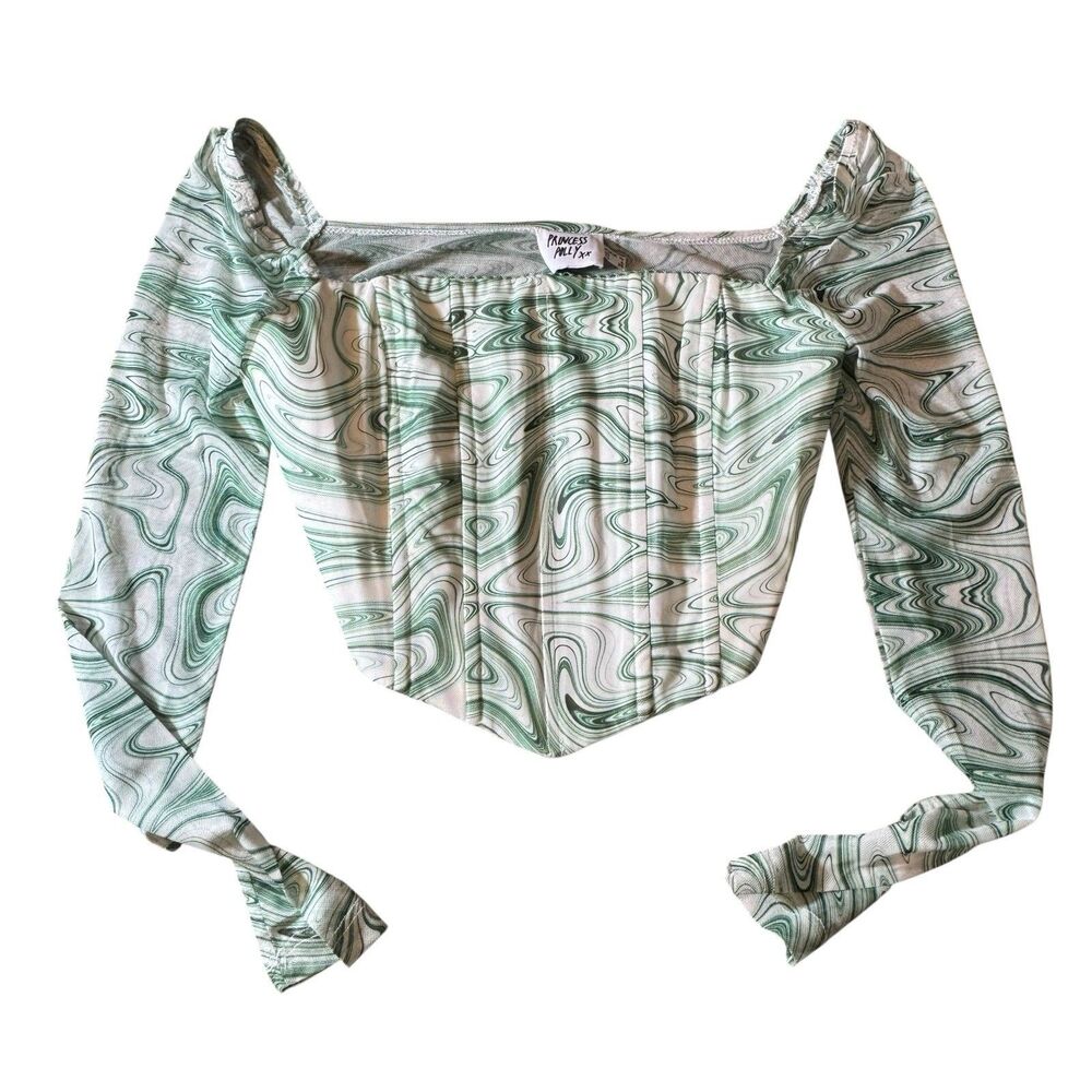 princess polly BEVERLY LONG SLEEVE TOP GREEN / WHITE size‎ 6